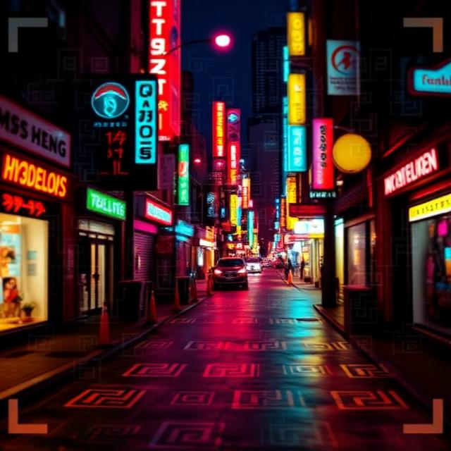 Artistic QR code in a neon city style