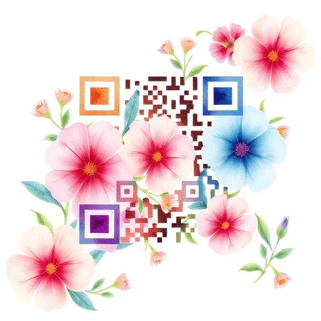 Artistic QR code made of watercolor flowers